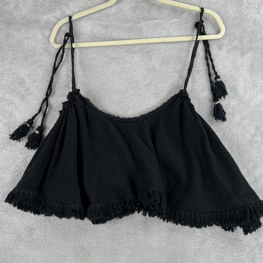 Free People Tassel Fringe Crop Top S Black Women Boho Festival Tie Strap Gauze